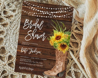 Sunflower Bridal Shower Invitation, Boho Cowgirl Boot Bridal Brunch Invite, Rustic Country, Summer Floral, Wood, DIY Editable Template 269