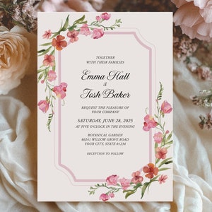 Sweet Pea Wedding Invitation, Regency Era Wedding Invite, Victorian Wedding Invitation, Pink Floral Crest, DIY Editable Template 248