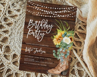Sunflower Birthday Party Invitation, Boho Cowgirl Boot Birthday Invite, Rustic Country Birthday Invite, White Rose, DIY Corjl Template 322