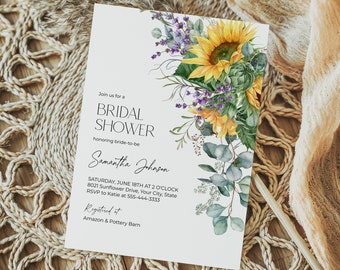 Sunflower and Lilac Bridal Shower Invite, Boho Bridal Brunch Invite, Summer Floral, Rustic Flowers, DIY Editable Template 148
