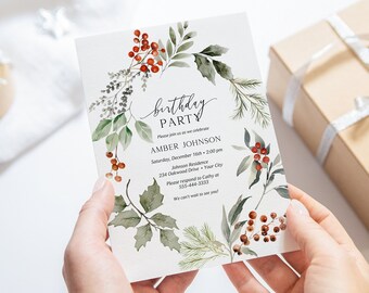 Winter Birthday Party Invitation, Christmas Birthday Invite, Holly Leaves, Holly Berries, Botanical, DIY Editable Template