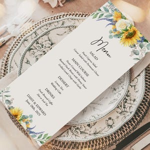 Sonnenblume und weiße Rose Hochzeit Menü Karte Vorlage, 10x23, Boho Sommer Blumen Empfang Tisch Dekor, Land Blumen Brautdusche Menü 322