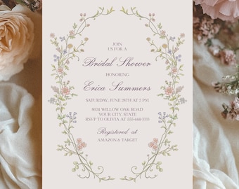 May include: A bridal shower invitation with a floral wreath design. The invitation features the text "Join us for a Bridal Shower honoring Erica Summers" and event details. The invitation is surrounded by soft pink and cream-colored flowers.