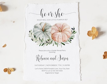 Gender Reveal Party Invitation, He or She What Will Our Little Pumpkin Be, Pink and Blue Pumpkins, Fall Shower, DIY Editable Template 450