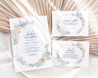 Blue Wildflower Baby Shower Invitation Suite, Cottage Floral Baby Brunch Invitation Set, Blue and White Flowers, DIY Editable Template 412