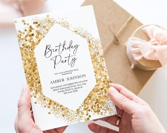 Gold Glitter Birthday Party Invitation, Modern Birthday Invite, Gold Confetti, Teen, Adult, Kid’s, Men's, DIY Editable Template 305