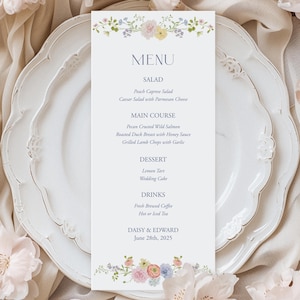 Modèle de carte de menu de mariage de printemps, décoration de table de réception floral cottage, menu floral pastel pour douche nuptiale, fleurs de jardin 171