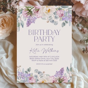 Peony and Lilac Birthday Party Invitation, Boho Woman&#39;s Birthday Invite, Pink and Purple Floral, Spring Floral, DIY Editable Template 165
