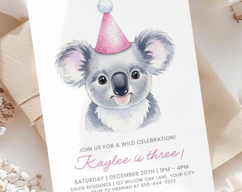 Koala Birthday Party Invitation, Corjl Template, Cute Animal Party, DIY Invite, Editable Invitation, Watercolor Koala, Instant Download