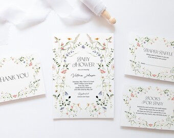 Könnte beinhalten: Ein Satz von vier Karten mit Blumenmotiven für eine Babyparty. Die Karten sind weiß mit einem grünen Blumenrand und enthalten den Text "Baby Shower", "Danke", "Windel-Tombola" und "Bücher für Baby".