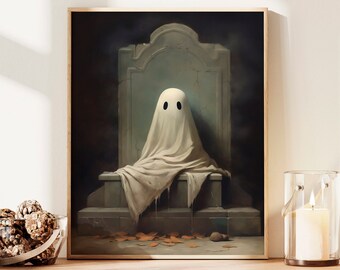 Cute Retro Ghost Sitting On Tombstone, Printable Art Print, 16x20, Instant Download, Spooky Halloween Home Decor, Dark Academia