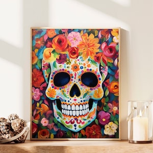 Fiesta Floral suikerschedel afdrukbare Art Print, 16 x 20, instant download, Day of The Dead feestdecoratie, Dia de Los Muertos wanddecoratie