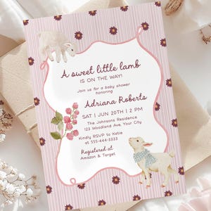 Lamb Baby Shower Invitation Template, Pink Floral Invite, Sweet Little Lamb, Customizable Template, Printable Baby Shower Invitation 255