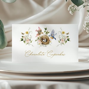 Modelo de cartão de lugar de ninho de pássaros, rótulos de alimentos Cottagecore, cartões de nome de flores silvestres, cartões de buffet de flores Cottage, cartões de barraca 213