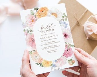 Floral Bridal Shower Invitation, Garden Blooms Brunch Invite, Cottage Floral Wedding Shower, Spring Floral, DIY Editable Template 430