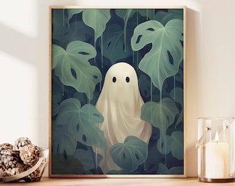 Schattige geest met Monstera bladeren afdrukbare Art Print, 16x20, Instant Download, Halloween kunst aan de muur, Ghost met kamerplanten, Ghost Print