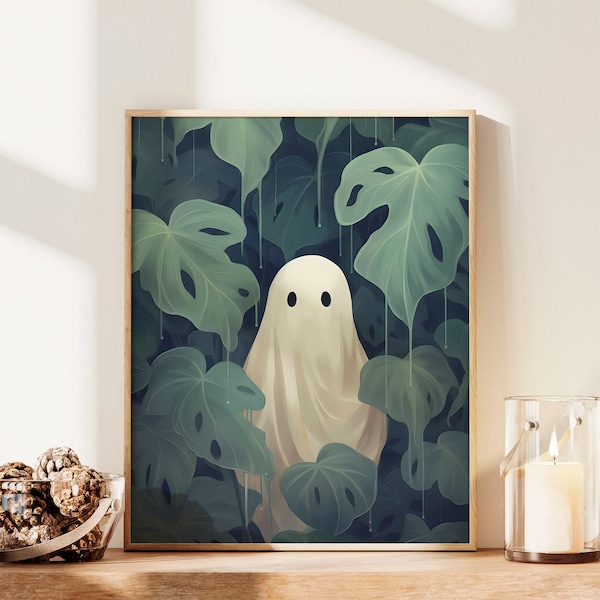 Cute Ghost with Monstera Leaves Printable Art Print, 16x20, Instant Download, Halloween Wall Art, Ghost With House Plants, Ghost Print