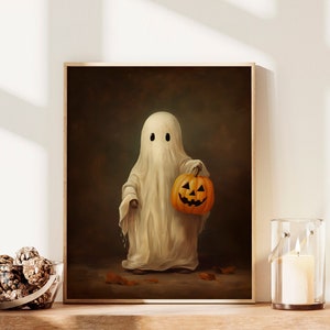 Süßer Geist mit Jack o' Lantern, Geist mit Kürbis Kunstdruck, süßes Gespenst, gruseliges Halloween-Dekor, dunkle Academia