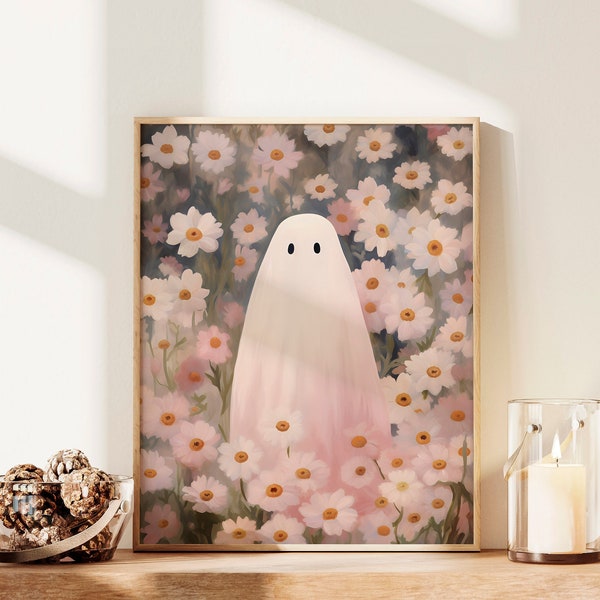 Pink Daisy and Ghost Print, Cottagecore Ghost Printable Wall Art, Cute Halloween Home Decor, Girly Apartment Art, Girl's Room Art Print