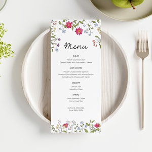 Menú de boda con diseño floral, decoración de mesa de recepción, menú de despedida de soltera dibujado a mano, menú de torre, flores de colores, plantilla editable DIY 262