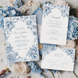 Blue Toile De Jouy Wedding Invitation Suite, Editable Vintage Floral Wedding Invitation Template Set, French Floral Invite Printable 307
