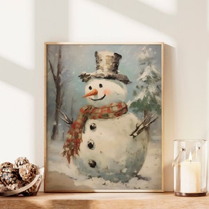 Vintage Snowman Oil Painting, Retro Christmas Decoration, Nostalgic Printable Art, Country Christmas Wall Decor, Snowman Art Print