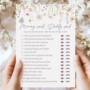 Mommy Said Daddy Said-spel, bewerkbare tekst babyshowerspel, thema Wildflower, bloemen afdrukbare activiteitenkaart 285