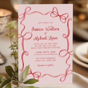 Kokette Bogen Hochzeitseinladung, rosa und rote Hand gezeichnet Band Hochzeit einladen, wunderliche Hochzeit einladen, schrullig, DIY bearbeitbare Vorlage 298
