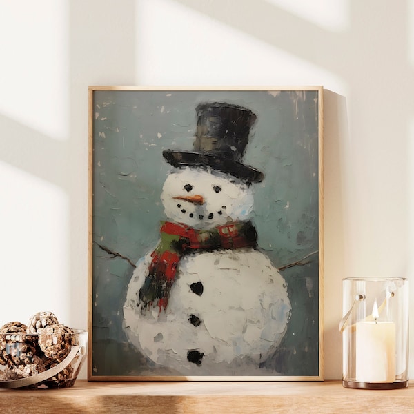 Rustic Snowman Oil Painting, Retro Christmas Decoration, Nostalgic Printable Art, Country Christmas Wall Decor, Snowman Art Print
