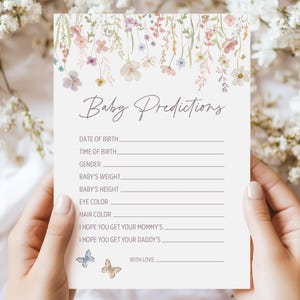 Carte de prédictions de bébé à imprimer, jeu de baby shower fleurs sauvages, thème jardin floral 5 x 7 activité fête 285