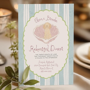 Invitación a cena de ensayo con cachorro en concha, plantilla imprimible de boda con rayas y acuarela pastel 173