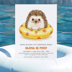 Plantilla de invitación para fiesta en la piscina con erizos, invitación para fiesta de verano, cumpleaños de animales adorables, imprimible y personalizable, descarga instantánea.