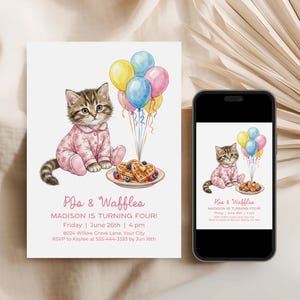 May include: A watercolor invitation with a kitten in pink pajamas, balloons, and waffles. The text reads "Pjs & Waffles" and "Madison is turning four!" with event details. A smartphone displays the same design.