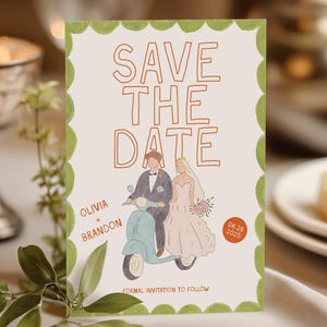 Skurrile Save the Date Vorlage mit Braut und Bräutigam auf dem Roller, druckbare Hochzeitsansage mit handgezeichneter Kunst und grünem Rand 173