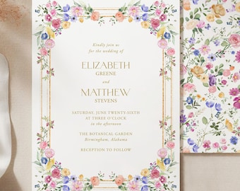 Elegant Wildflower Wedding Invitation Template, Garden Wedding Invite, Cottage Floral Wedding Invitation, Spring Floral 106