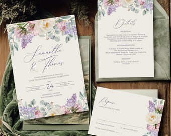 Peony and Lilac Wedding Invitation Set, Boho Wedding Suite, RSVP Card, Pink and Purple Flowers, Garden Wedding, DIY Editable Template 165