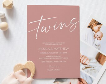 Twins Baby Shower Invitation, Dusty Pink Girl Twins Shower Invitation, Modern Twins Invite, Minimalist, Simple, DIY Editable Template MOD