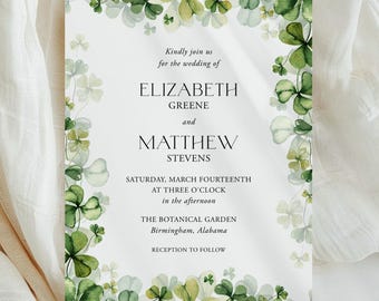 Shamrock Wedding Invitation Corjl Template, Irish Luck Invite, Green Clover Wedding, Elegant Watercolor, Editable Template 406