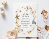 Bird Baby Shower Invitation, Cottage Floral Baby Invite, Gender Neutral, Meadow Floral, Pastel Colors, Wildflower, DIY Editable Template 213