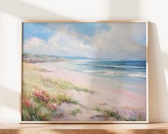 Lámina imprimible costera en rosa y azul, 20 x 16, descarga instantánea, arte de pared playero en tonos pastel, arte de pared para dormitorio femenino, impresión oceánica preppy