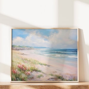 Impression d&#39;art côtière rose et bleu, 20 x 16, téléchargement immédiat, art mural plage pastel, art mural dortoir girly, impression océan preppy