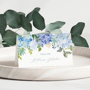 Cartão de lugar de hortênsia, barraca de comida floral azul boho, cartão de nome, cartão de assento, floral de chalé, flores de jardim, modelo editável faça você mesmo 366