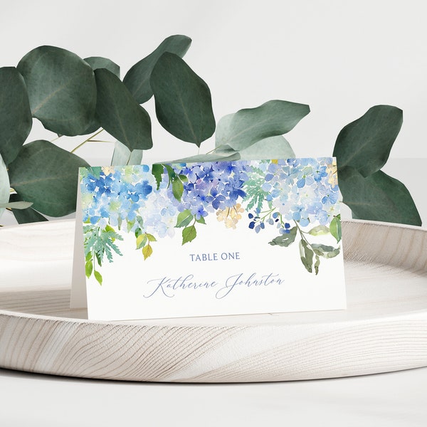 Hydrangea Place Card, Boho Blue Floral Food Tent, Name Card, Seating Card, Cottage Floral, Garden Blooms, DIY Editable Template 366