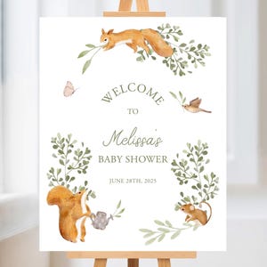 Woodland Baby Shower Welcome Sign Template, Squirrel and Mouse Party Decor, Editable Forest Animals Poster, Printable Baby Shower Sign 118