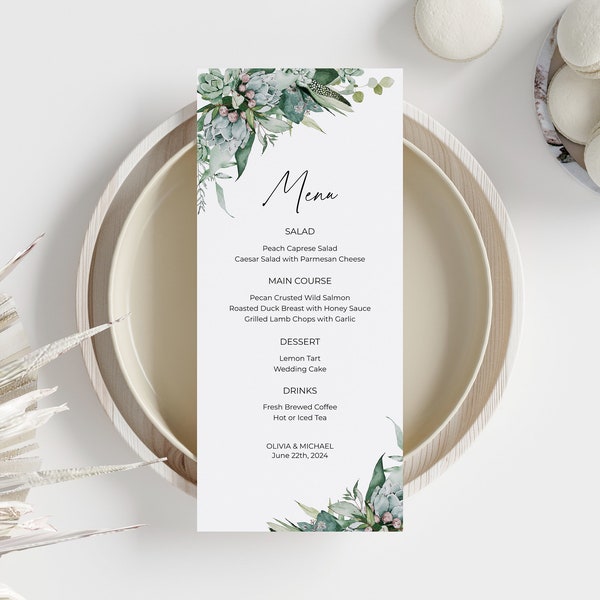 Succulent Wedding Menu Card, Reception Table Decor, Boho Chic Bridal Shower Menu, Greenery, Botanical Southwestern DIY Editable Template 260