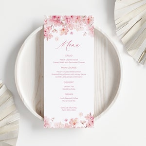 Tarjeta de menú de boda con flores de cerezo, decoración de mesa de recepción con flores de Sakura, menú de despedida de soltera con flores de primavera, plantilla editable DIY 190