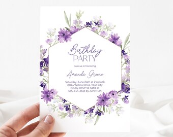 Lavender Birthday Party Invitation, Cottage Floral Woman's Birthday Invite, Purple Flower Blossoms, Garden Blooms, DIY Editable Template 427