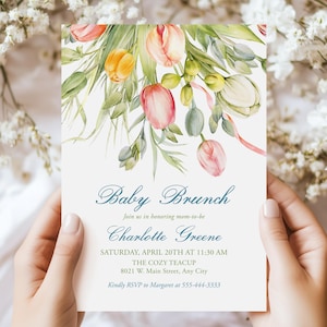 Tulpe Baby Brunch Einladung Vorlage, Frühling Blumen Babyparty einladen, Gartenparty einladen, Pastellblumen, Cottage Blooms 102