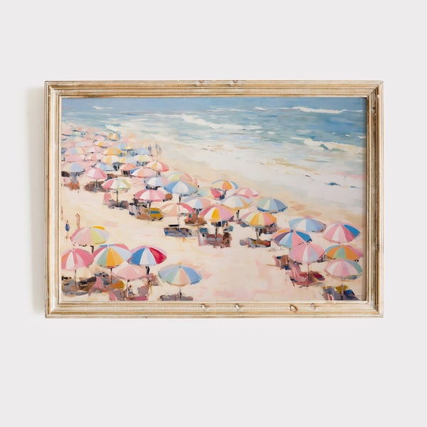 Vintage Beach Print, Retro Coastal Printable Art, Beach Umbrellas Oil Painting, Abstract Coastal Painting, Girly Apartment Decor, Dorm Art