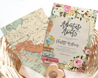 Travel Baby Shower Invitation, Couples Shower Invite, Adventure Awaits Invitation, Pink Floral Suitcases Globe DIY Editable Template 375 407